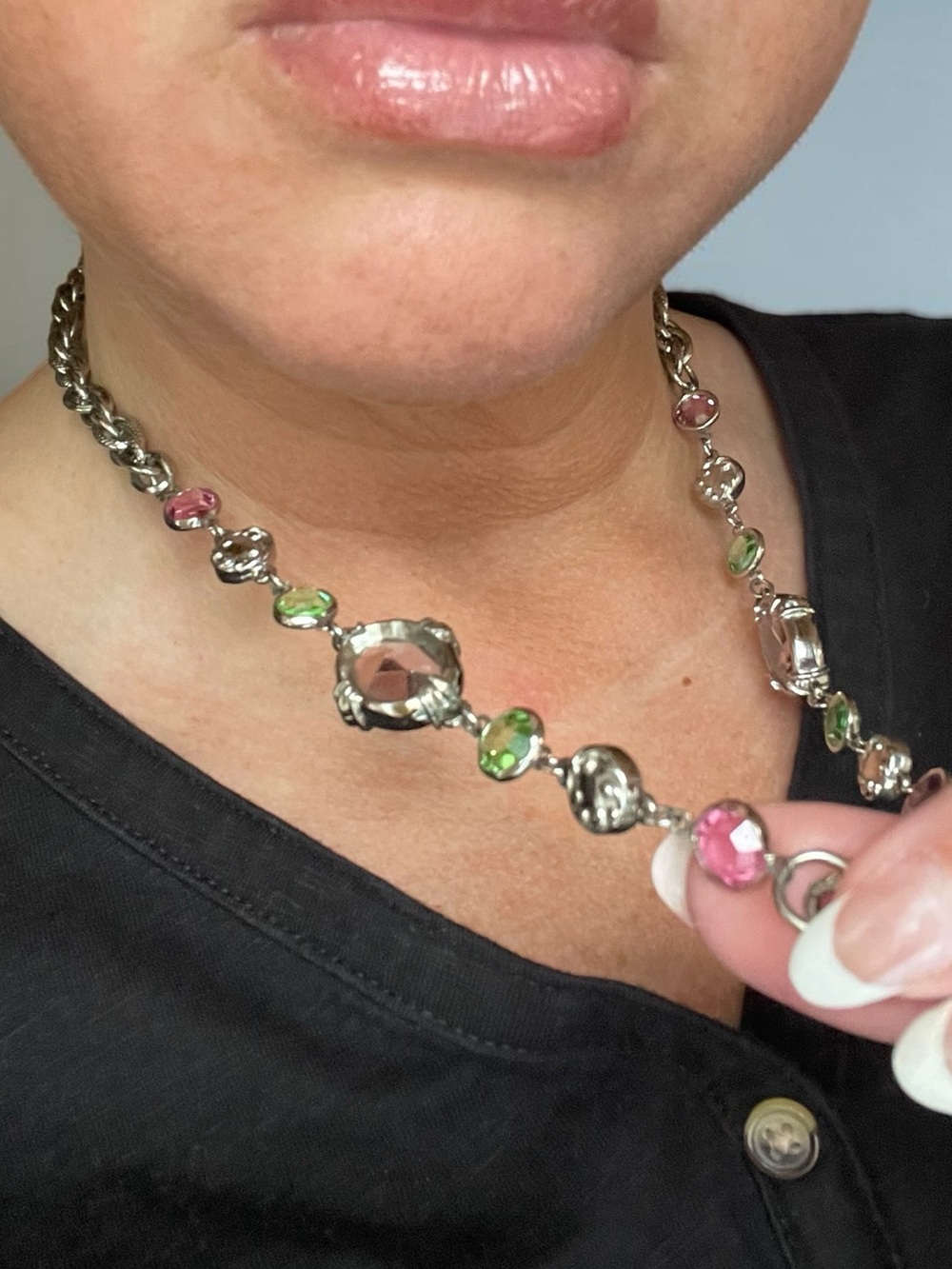 1928 Pastel Faceted Glass Silver Tone Station Necklace 24"